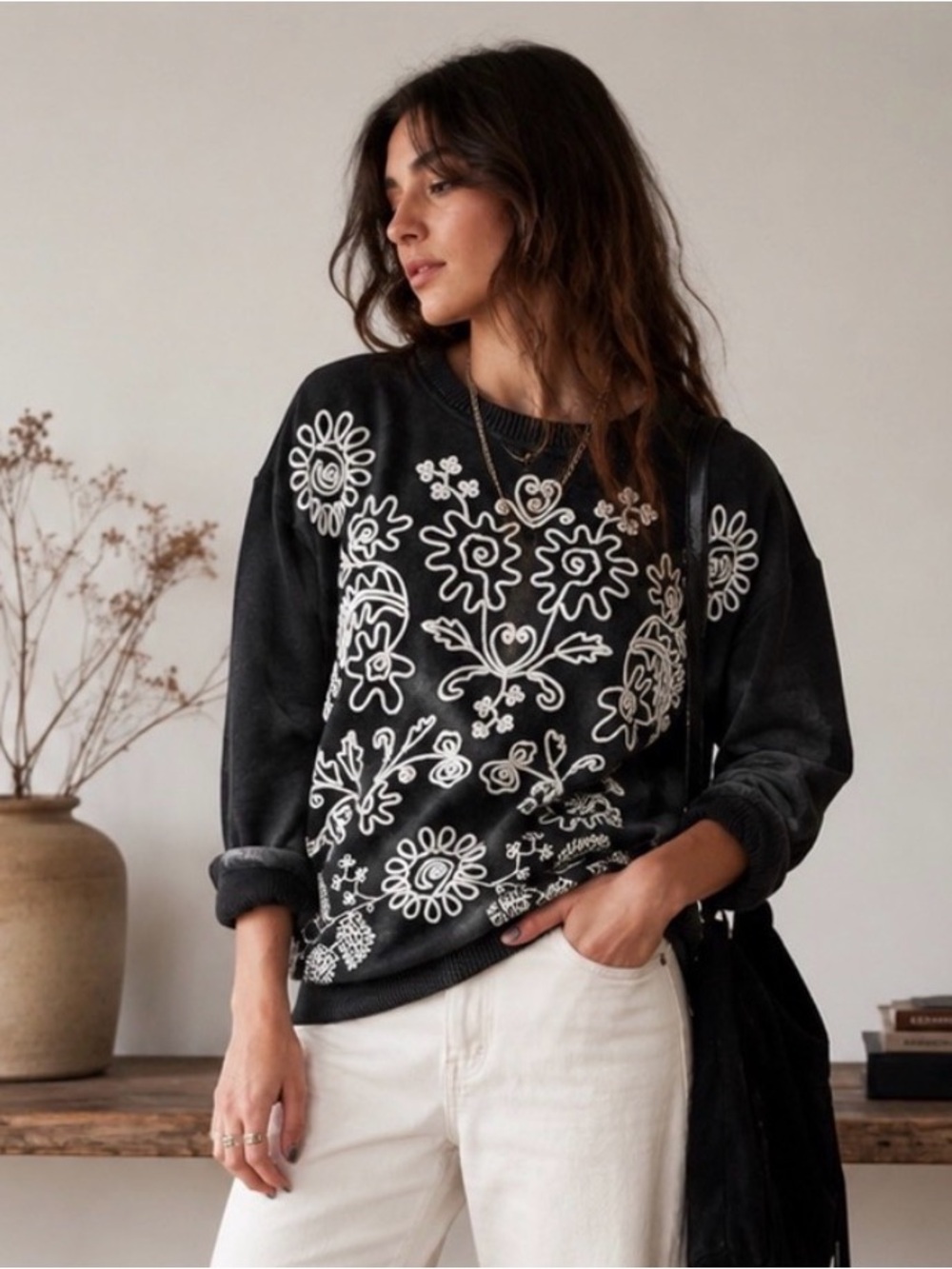 Johnny Was Los Angeles Sutash Sweatshirt Floral Small S Grey Embroidery Sweater